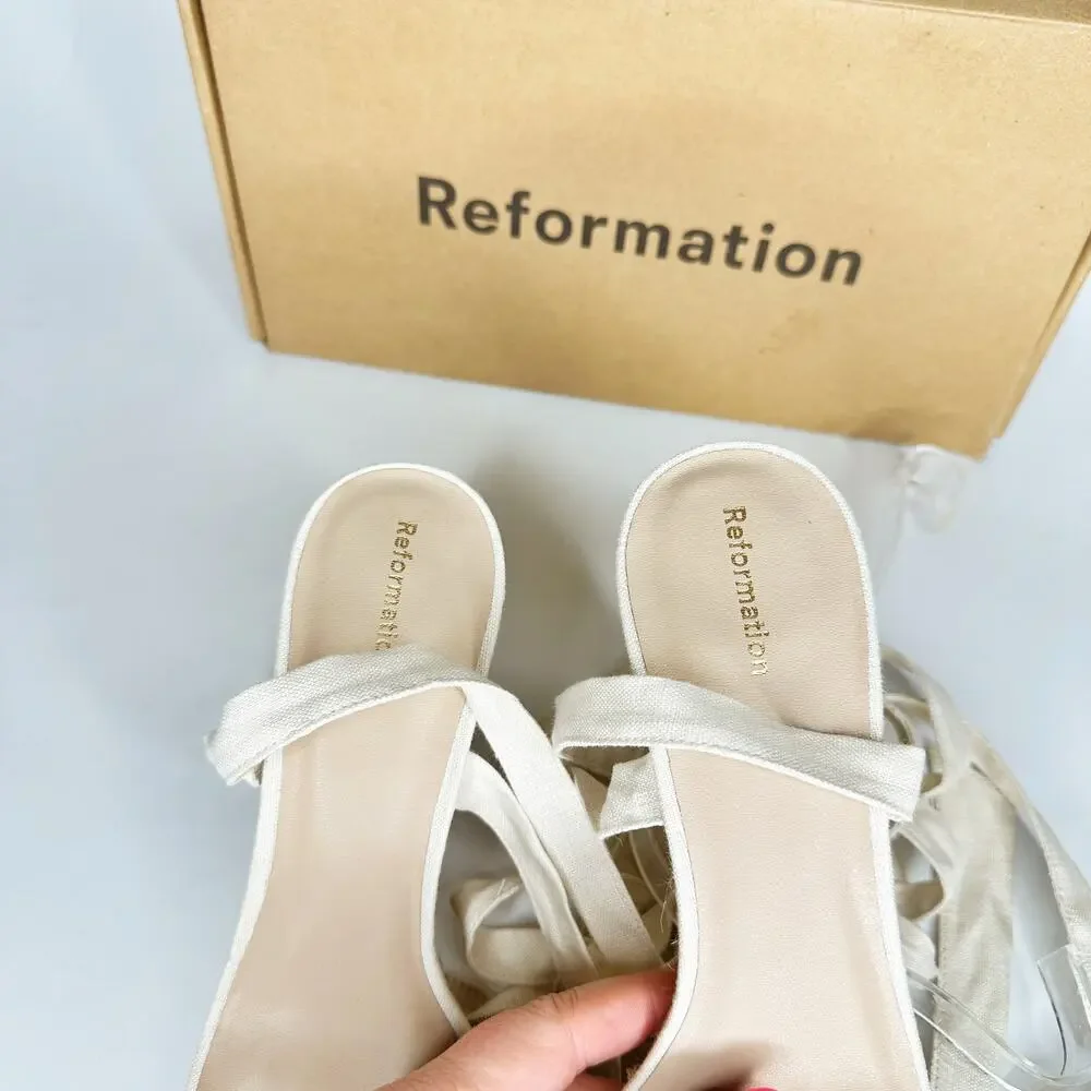 NWT Reformation Alessa Lace Up Cream Linen Wedge Espadrilles Shoes Size 9
